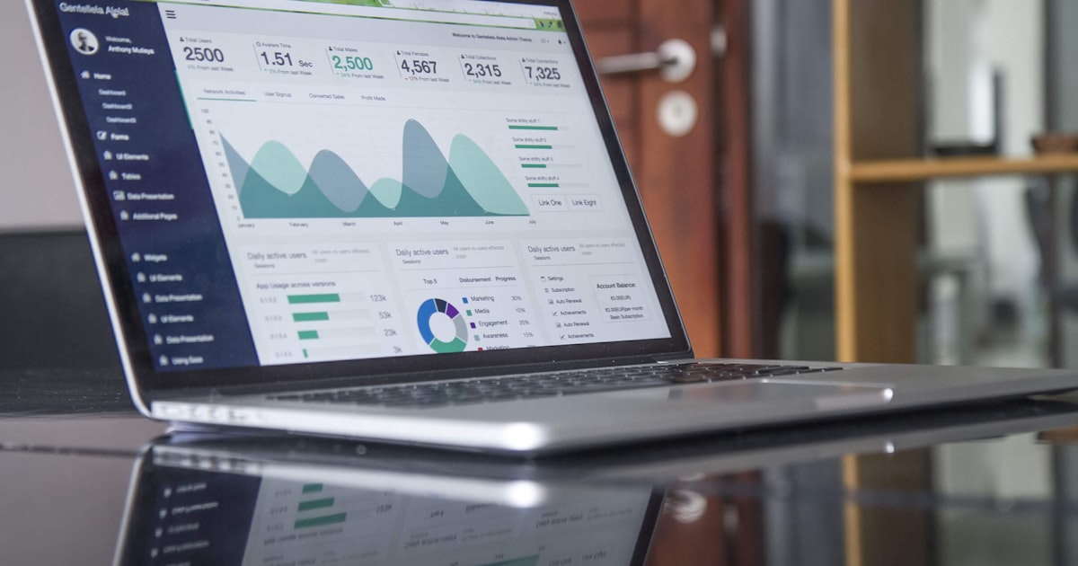 Close-up of a laptop screen showing analytics dashboard with metrics